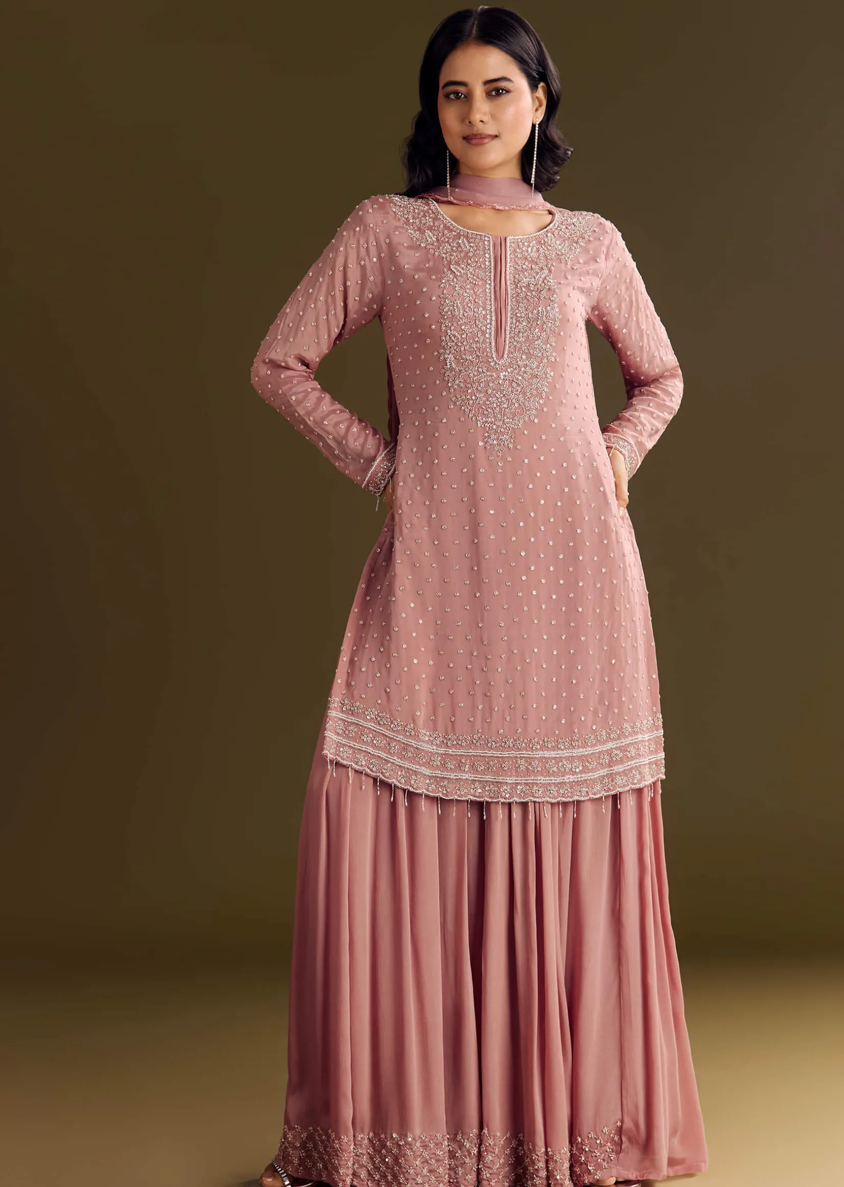 Pink Kurta Set With Embroidered Palazzo And Sequins Dupatta