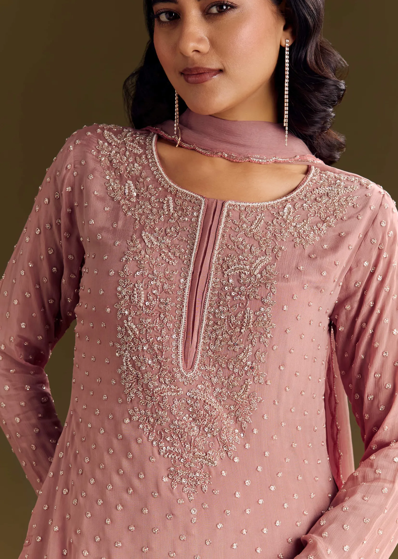 Pink Kurta Set With Embroidered Palazzo And Sequins Dupatta