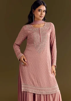 Pink Kurta Set With Embroidered Palazzo And Sequins Dupatta