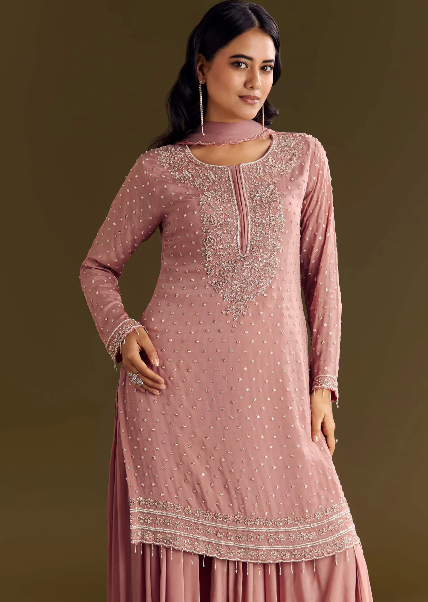 Pink Kurta Set With Embroidered Palazzo And Sequins Dupatta