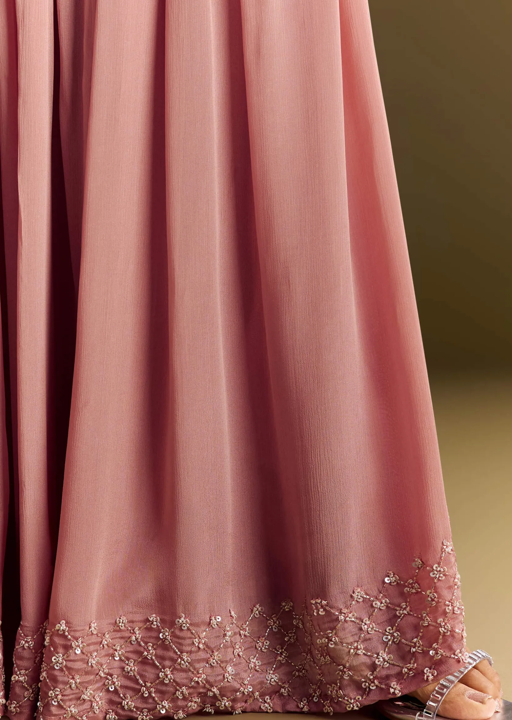 Pink Kurta Set With Embroidered Palazzo And Sequins Dupatta
