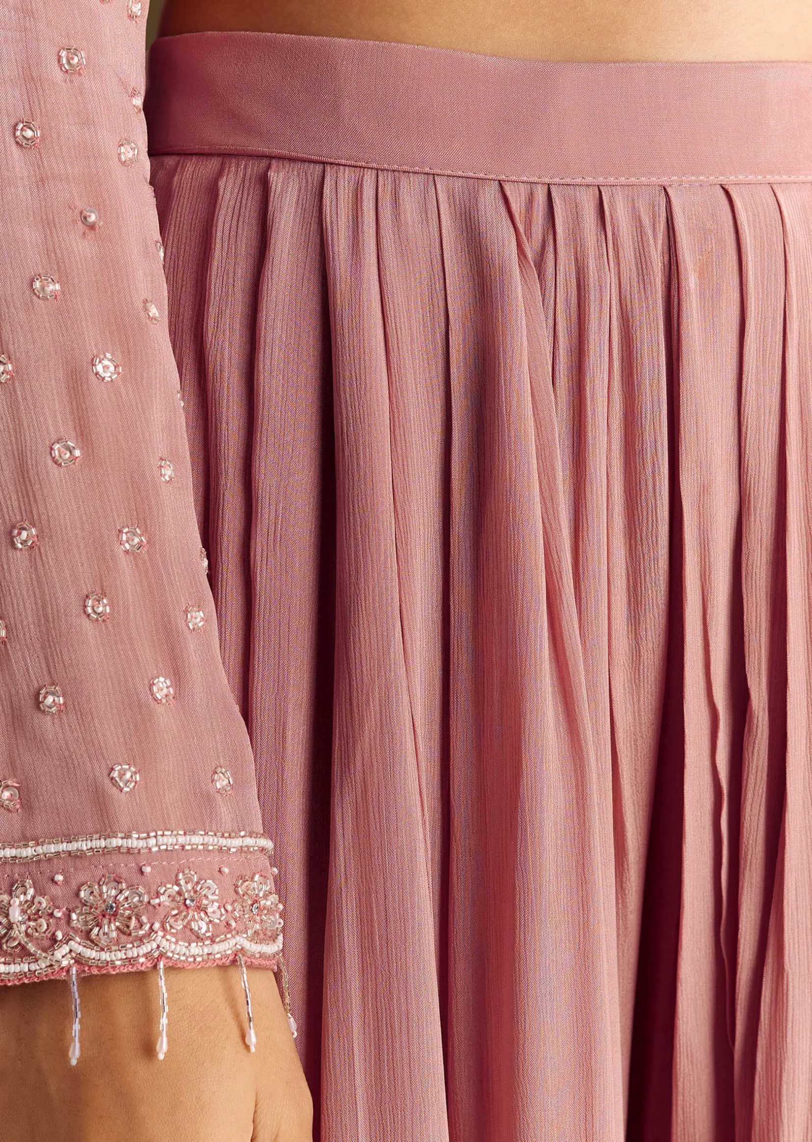 Pink Kurta Set With Embroidered Palazzo And Sequins Dupatta