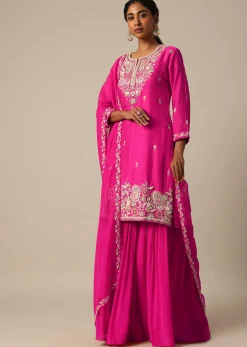 Pink Kurta Sharara Set With Resham Work