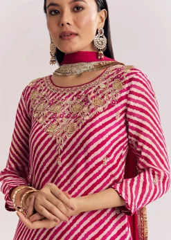 Pink Leheriya Zardosi Work Kurta Palazzo Suit