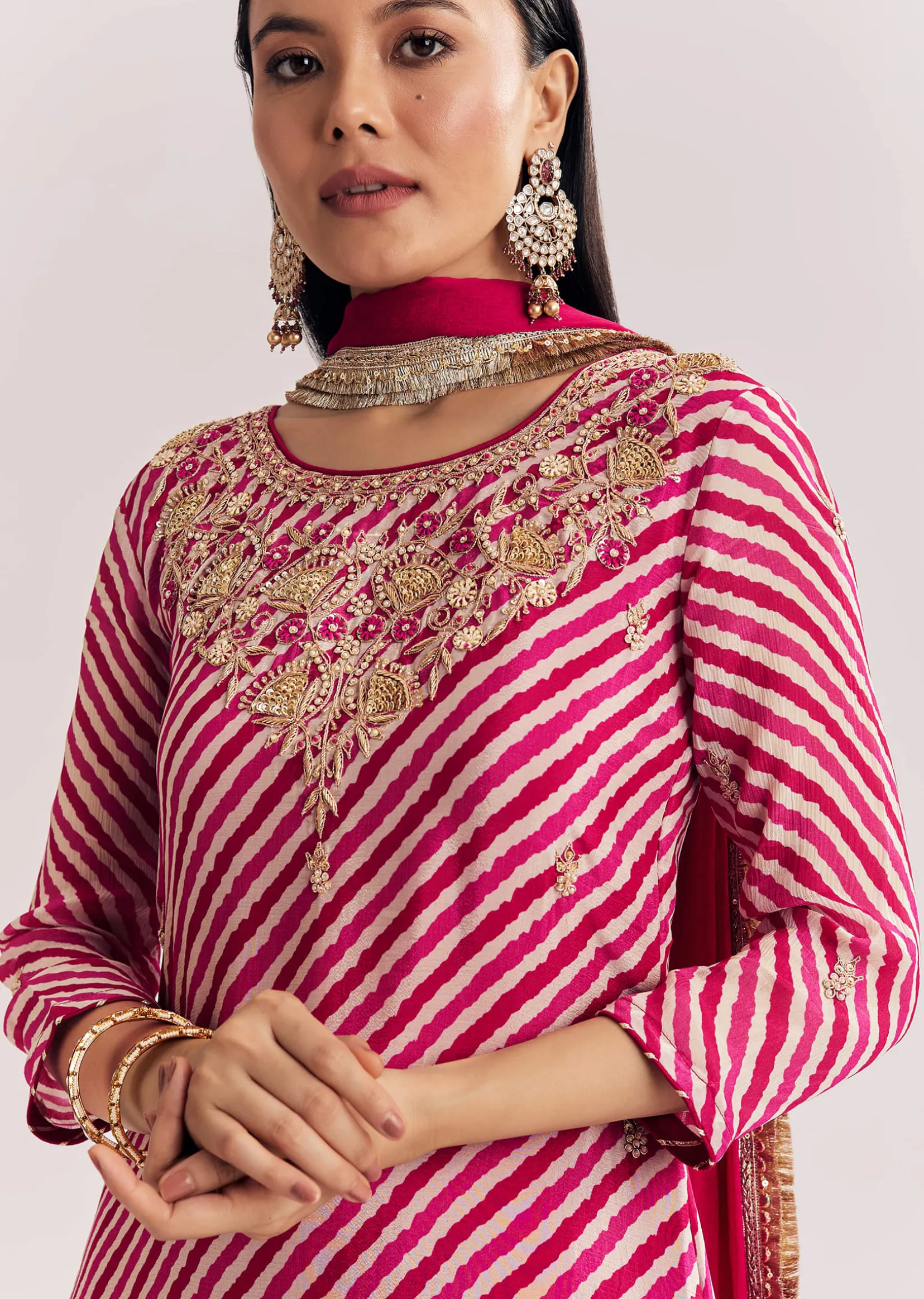 Pink Leheriya Zardosi Work Kurta Palazzo Suit