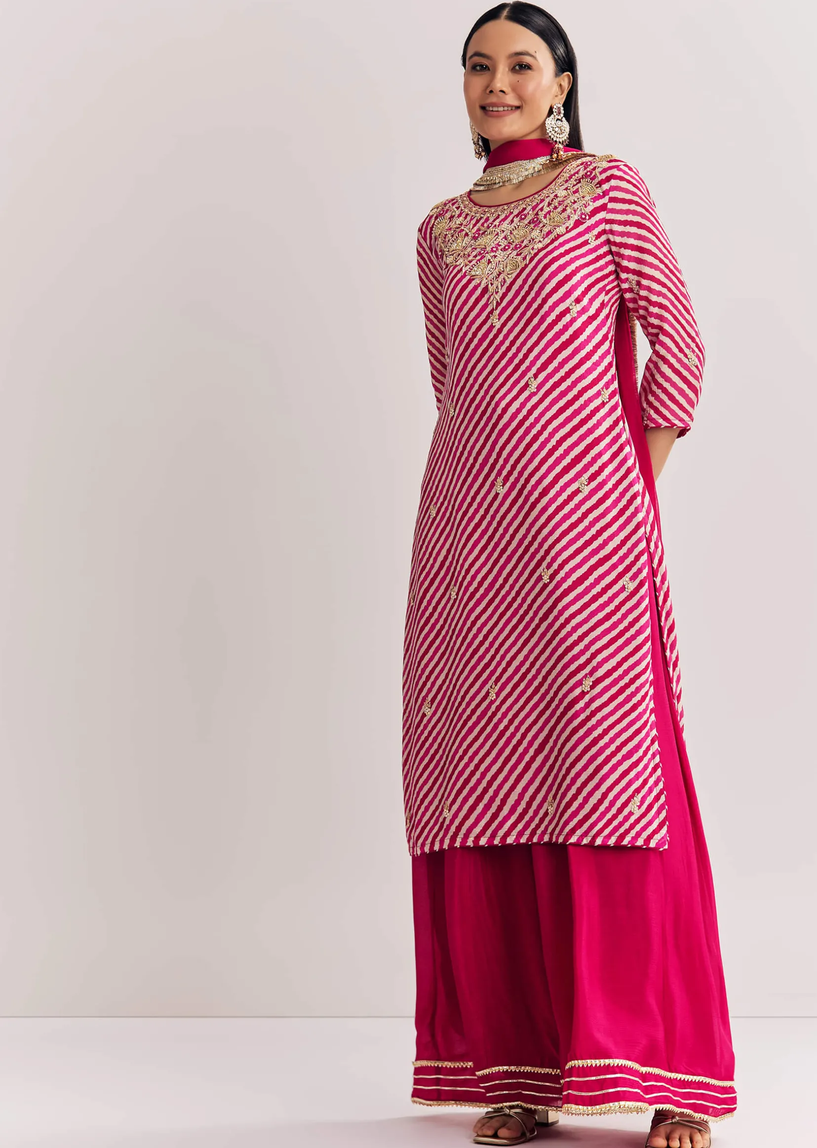 Pink Leheriya Zardosi Work Kurta Palazzo Suit