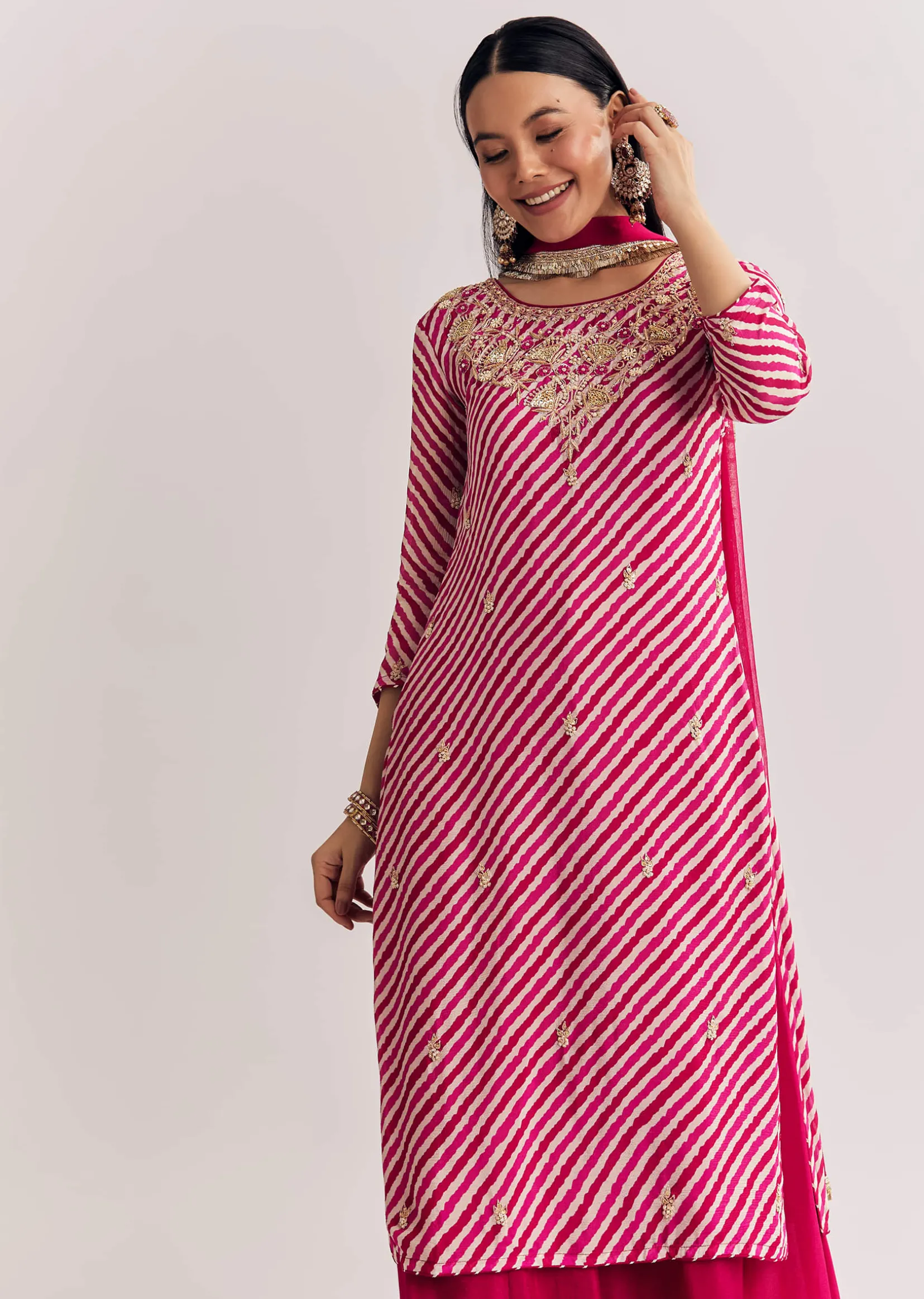 Pink Leheriya Zardosi Work Kurta Palazzo Suit