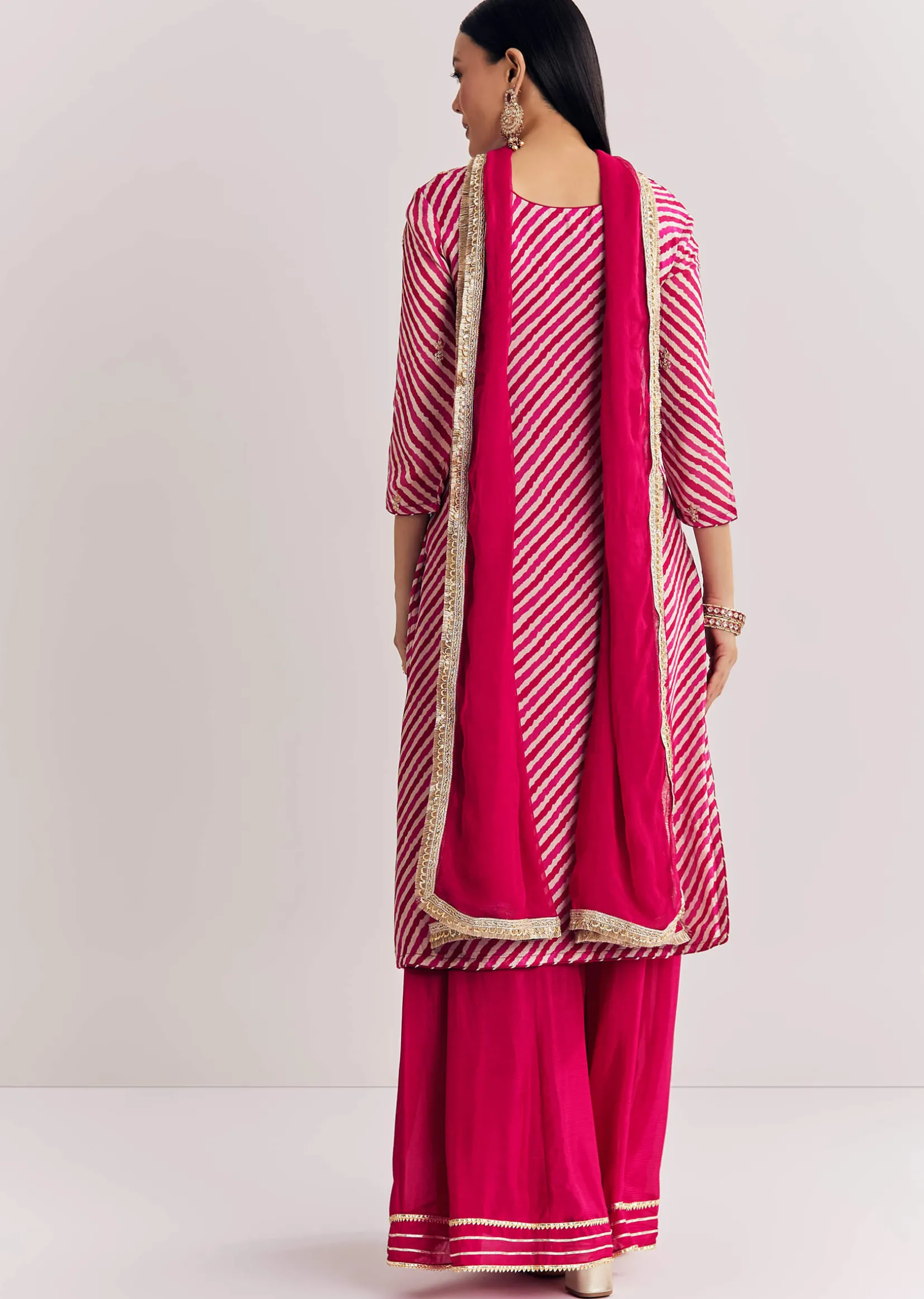 Pink Leheriya Zardosi Work Kurta Palazzo Suit