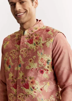 Pink Linen Floral Printed Jacket Kurta Set With Sequins