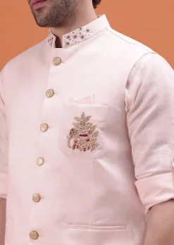 Pink Linen Kurta And Embroidered Jacket For Men
