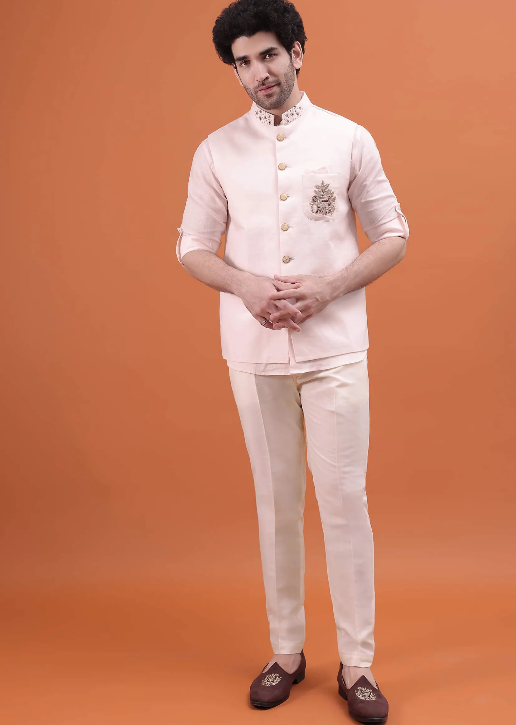 Pink Linen Kurta And Embroidered Jacket For Men