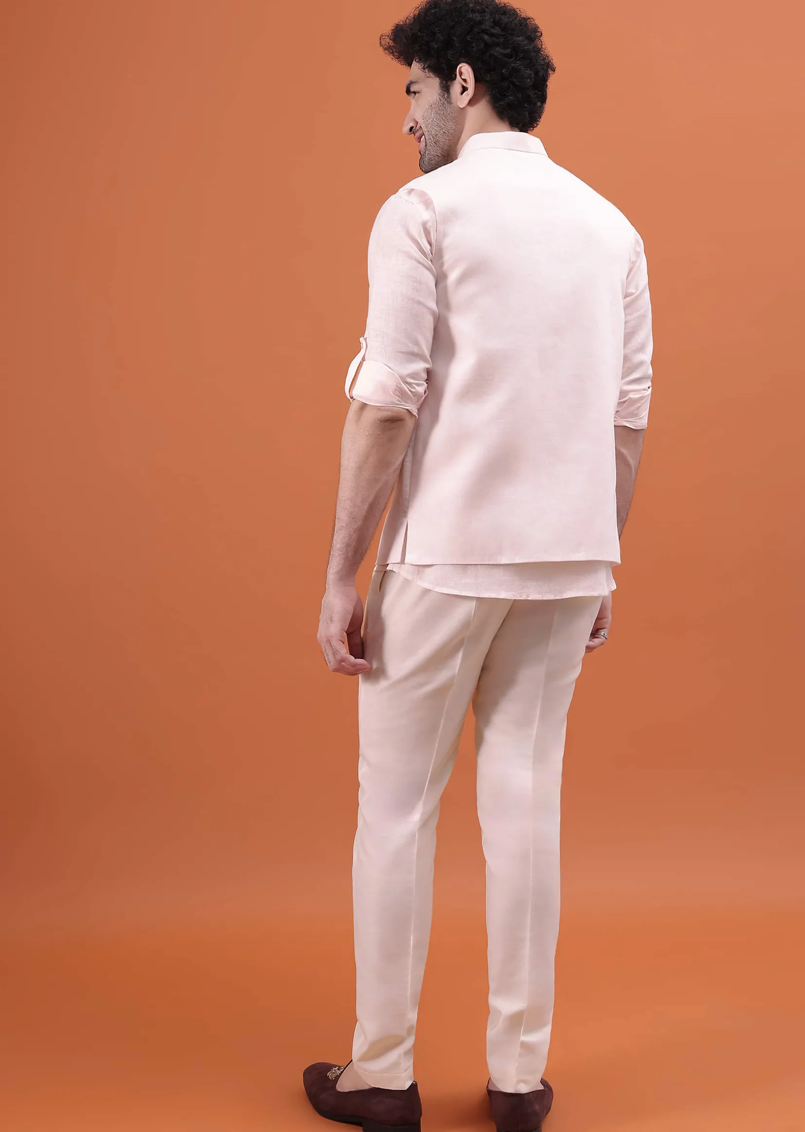 Pink Linen Kurta And Embroidered Jacket For Men
