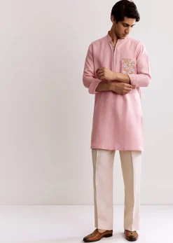 Pink Linen Kurta Set With Embroidery