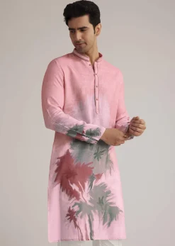 Pink Linen Ombre Kurta Set With Abstract Print