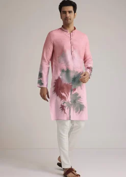 Pink Linen Ombre Kurta Set With Abstract Print