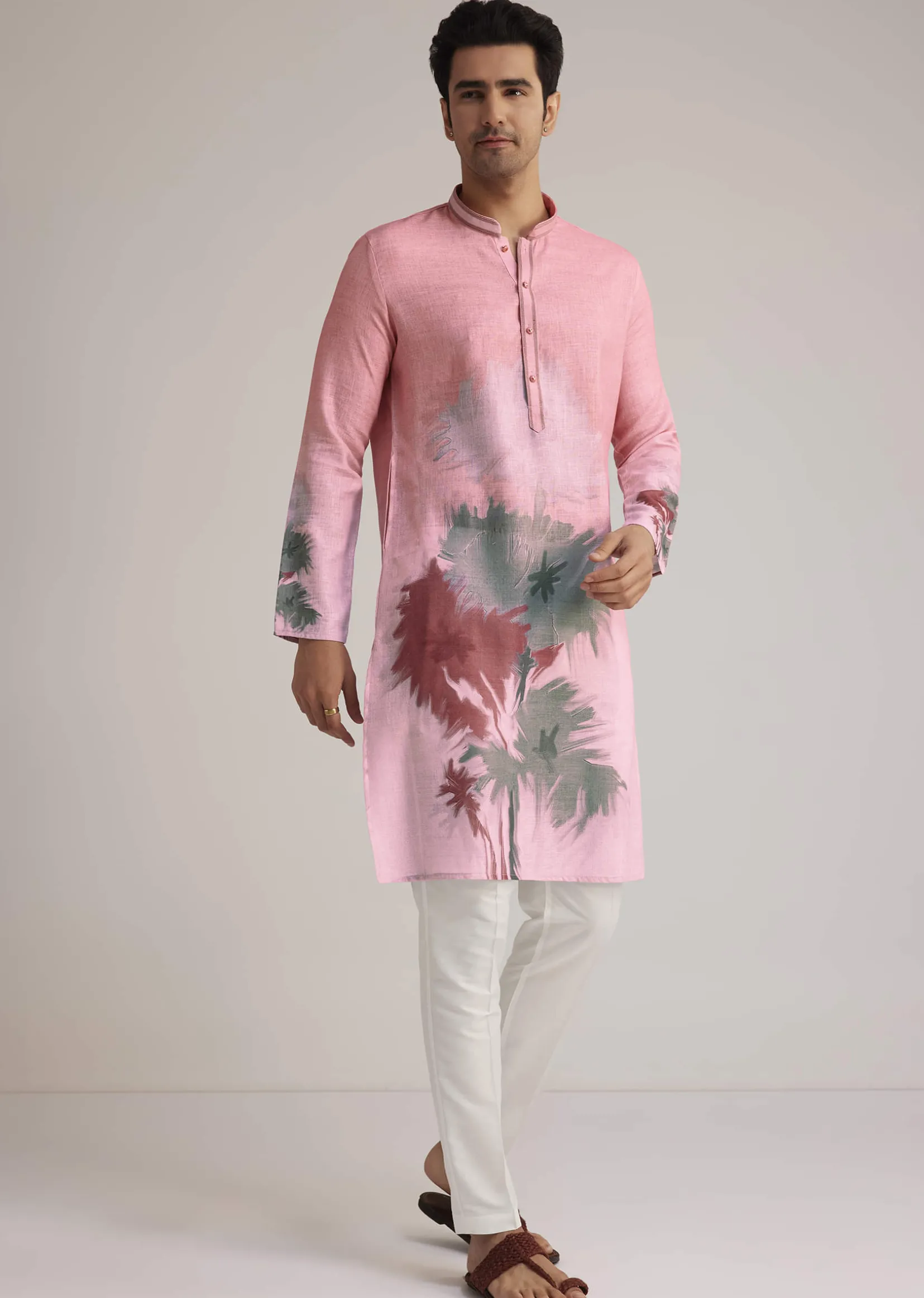 Pink Linen Ombre Kurta Set With Abstract Print