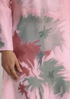 Pink Linen Ombre Kurta Set With Abstract Print