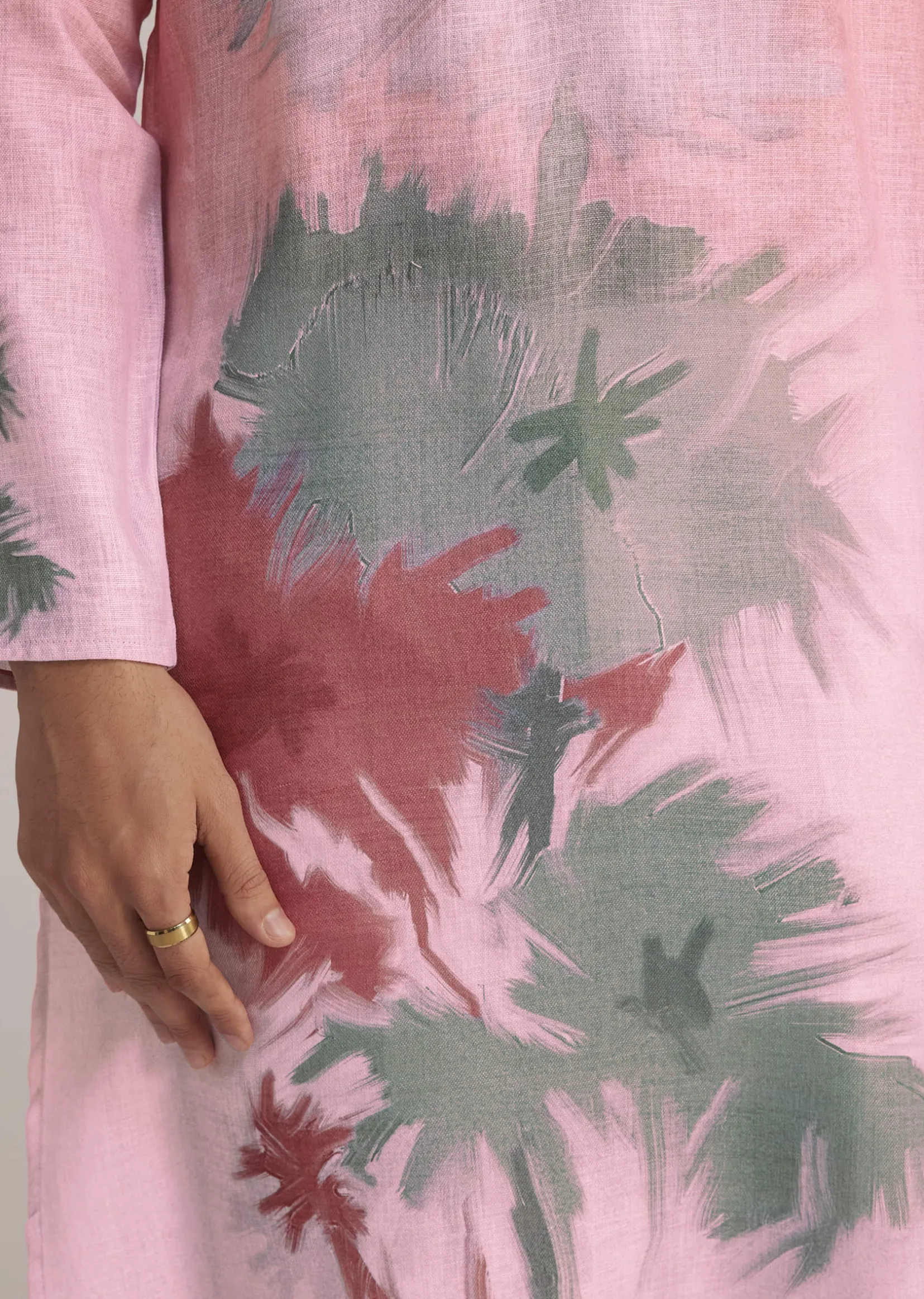 Pink Linen Ombre Kurta Set With Abstract Print