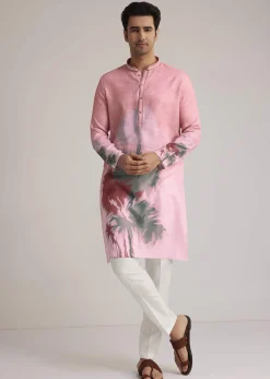 Pink Linen Ombre Kurta Set With Abstract Print