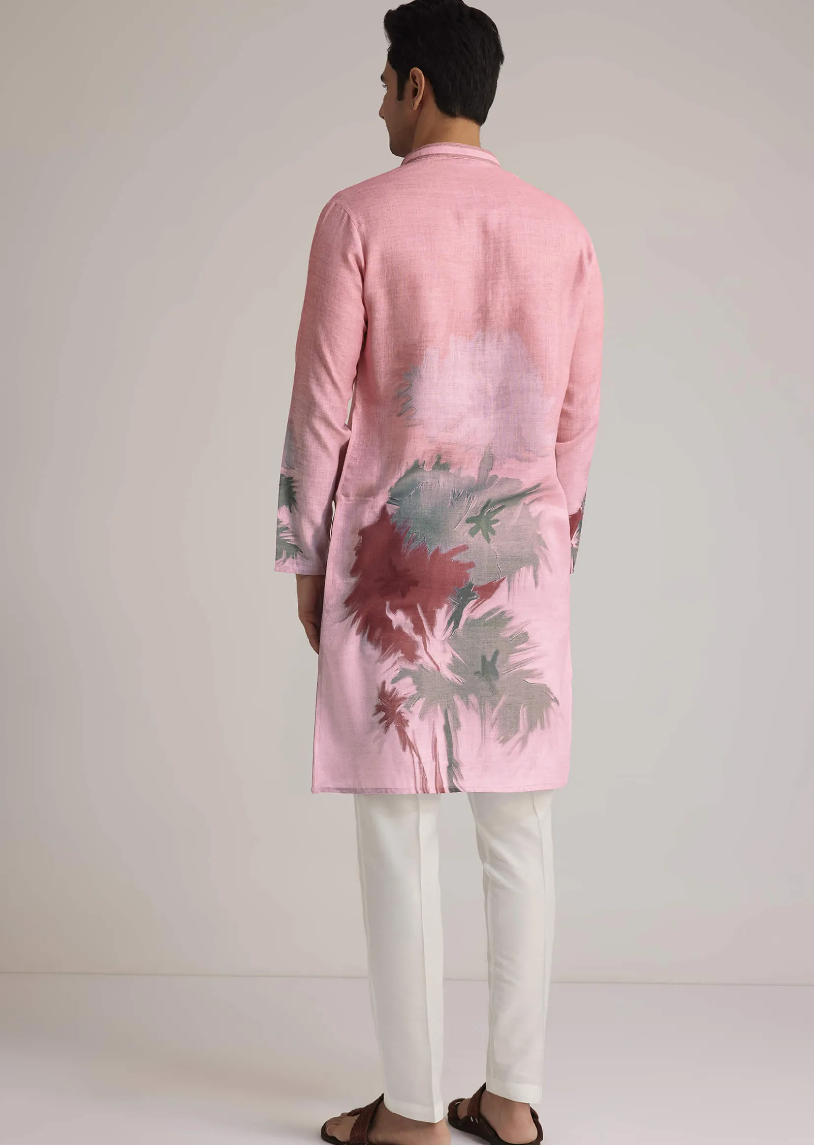 Pink Linen Ombre Kurta Set With Abstract Print