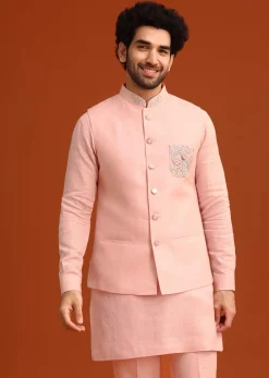 Pink Linen Zardosi Kurta Jacket Set