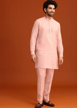Pink Linen Zardosi Kurta Jacket Set