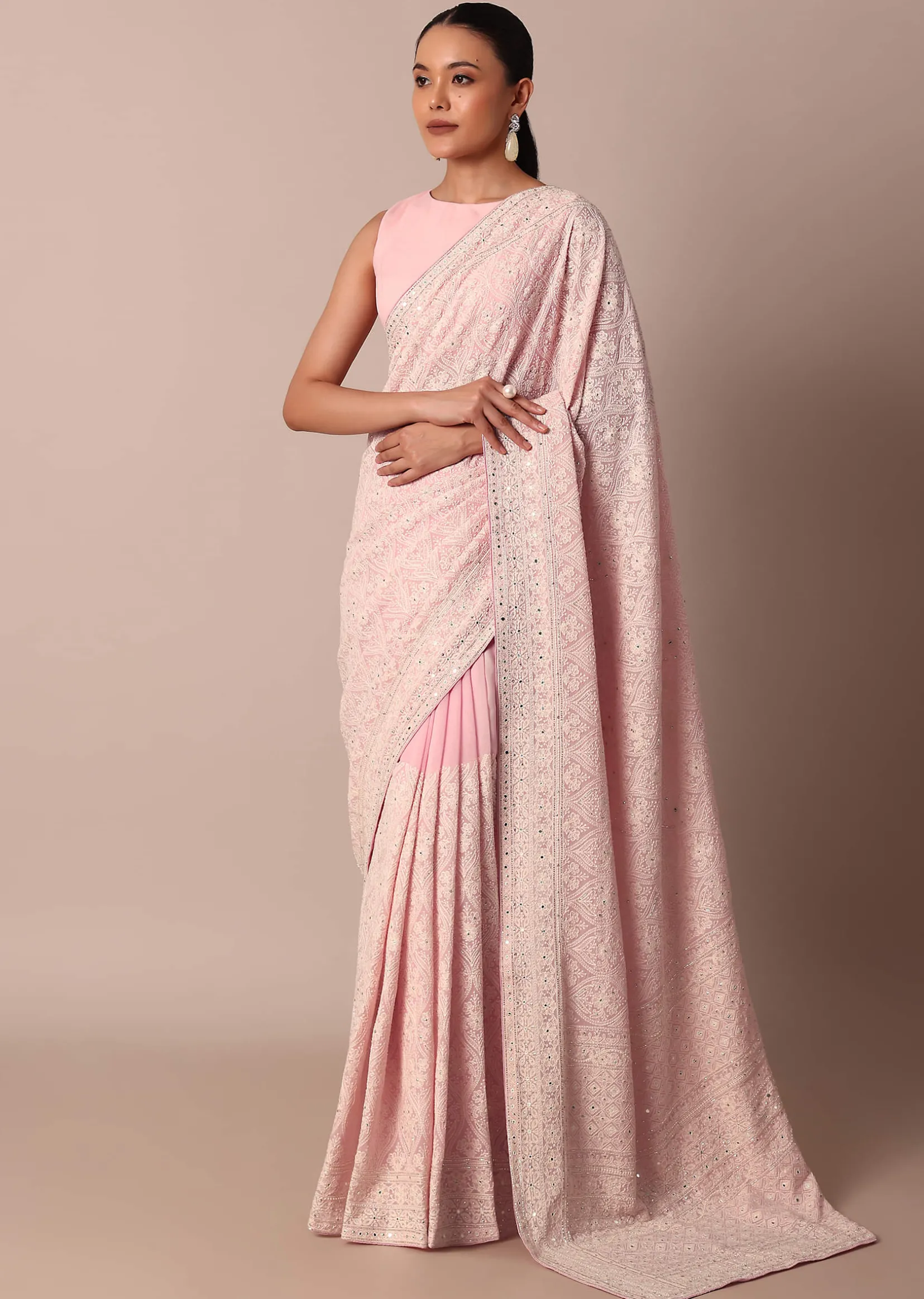 Pink Lucknowi Chikankari Saree With Sequin Embellishments