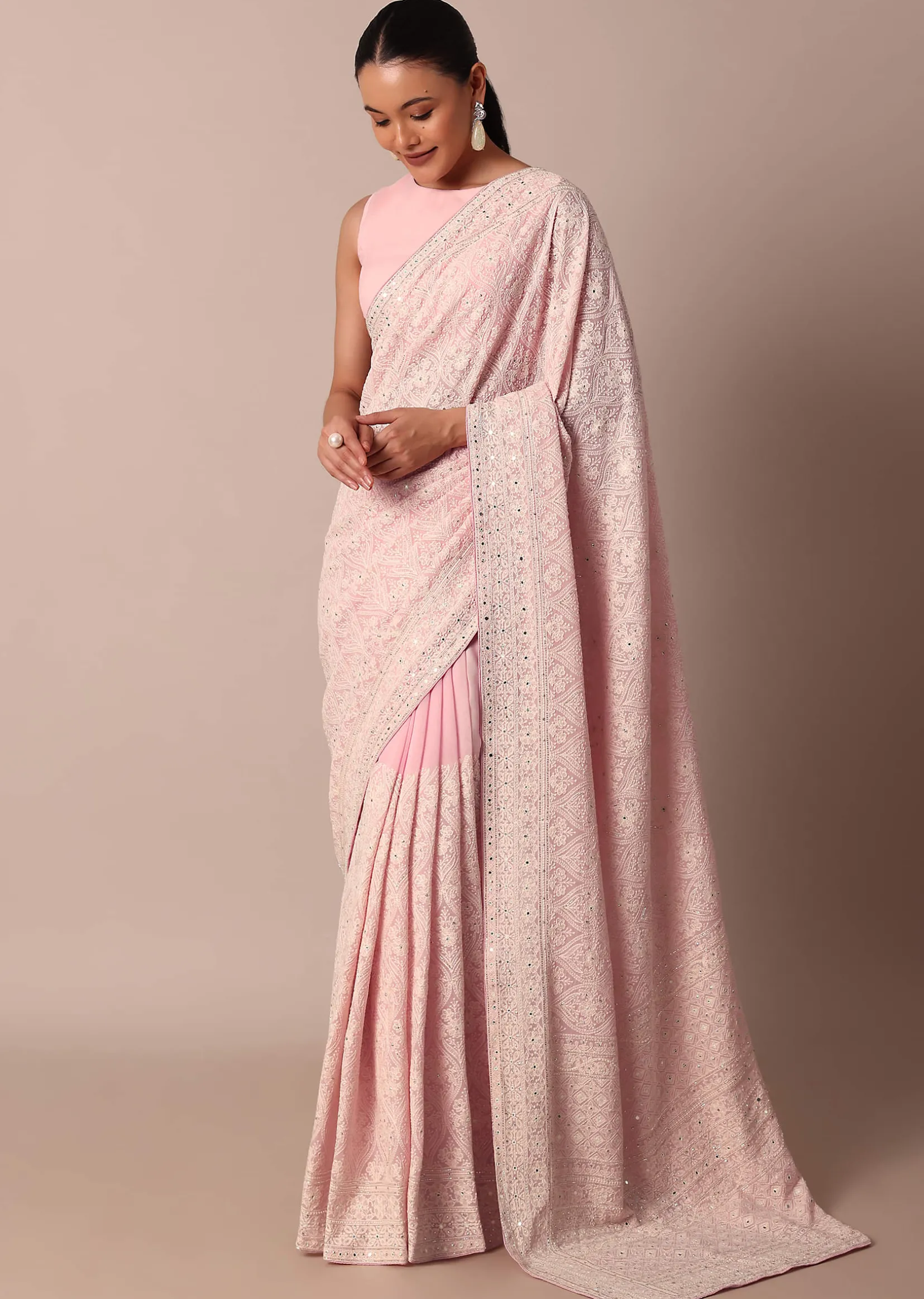 Pink Lucknowi Chikankari Saree With Sequin Embellishments