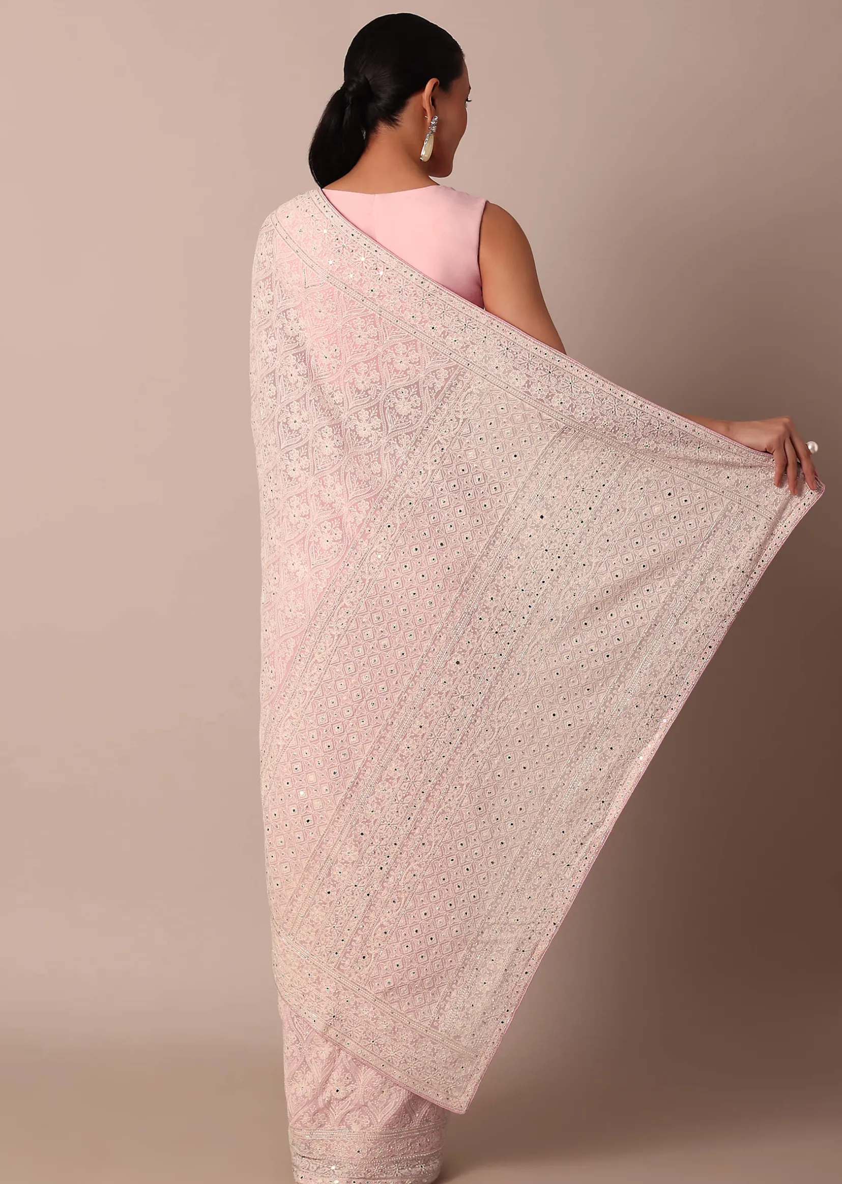 Pink Lucknowi Chikankari Saree With Sequin Embellishments