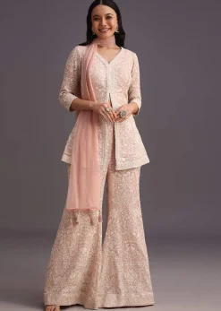 Pink Lucknowi Kurti Palazzo With Net Dupatta
