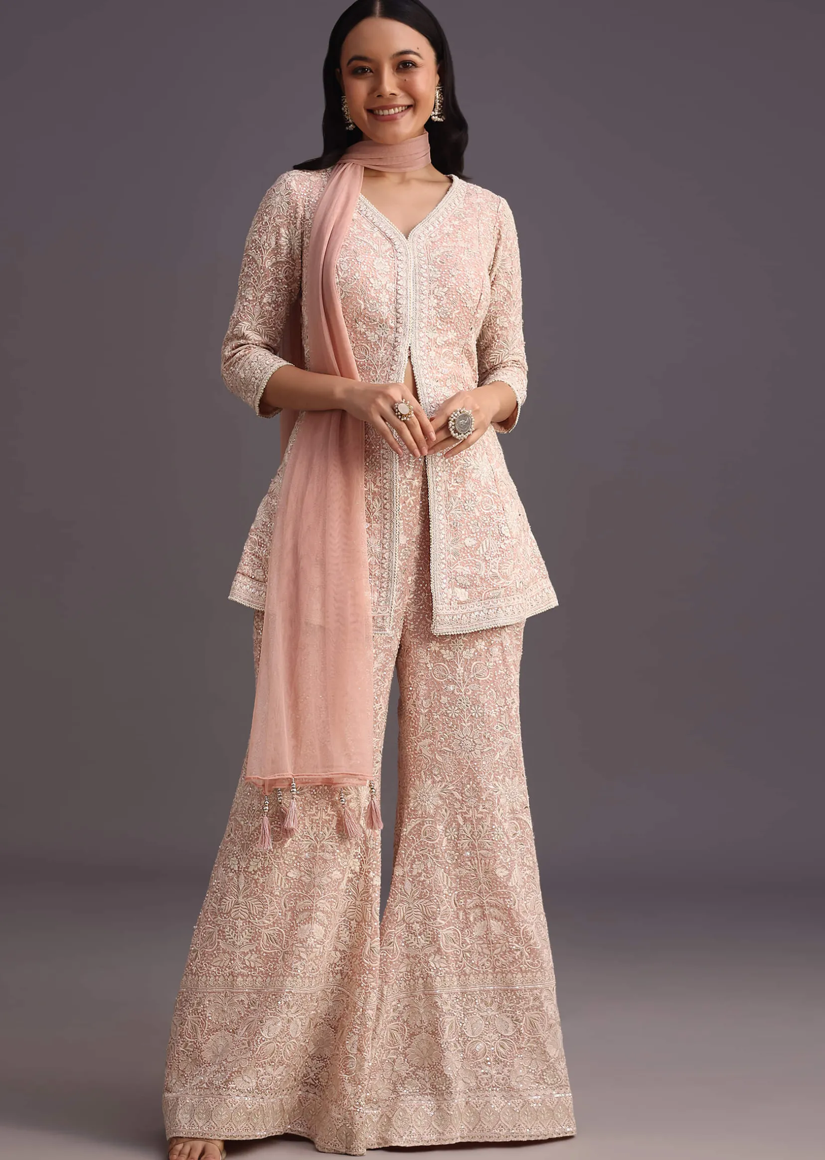 Pink Lucknowi Kurti Palazzo With Net Dupatta