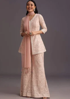 Pink Lucknowi Kurti Palazzo With Net Dupatta