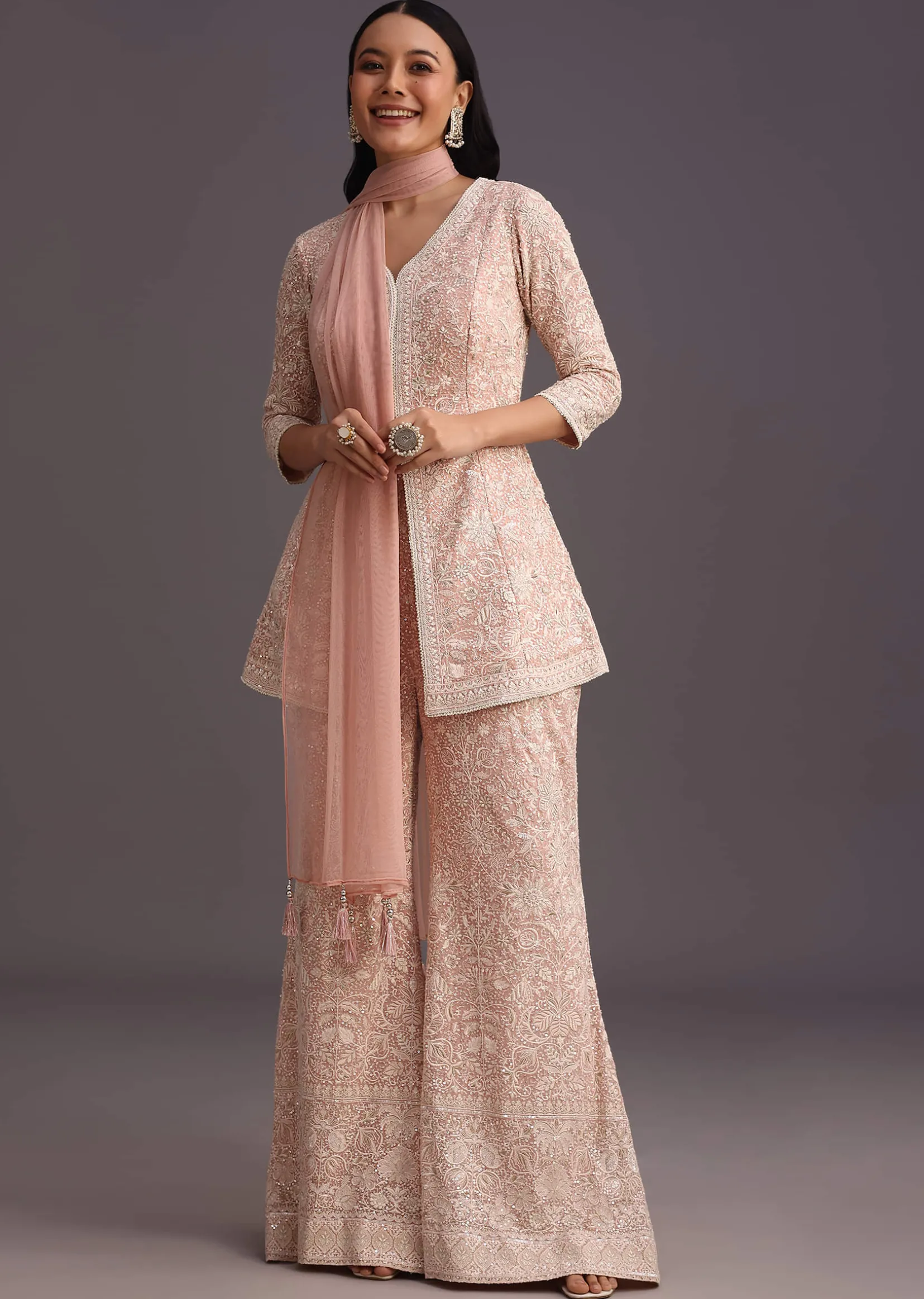Pink Lucknowi Kurti Palazzo With Net Dupatta