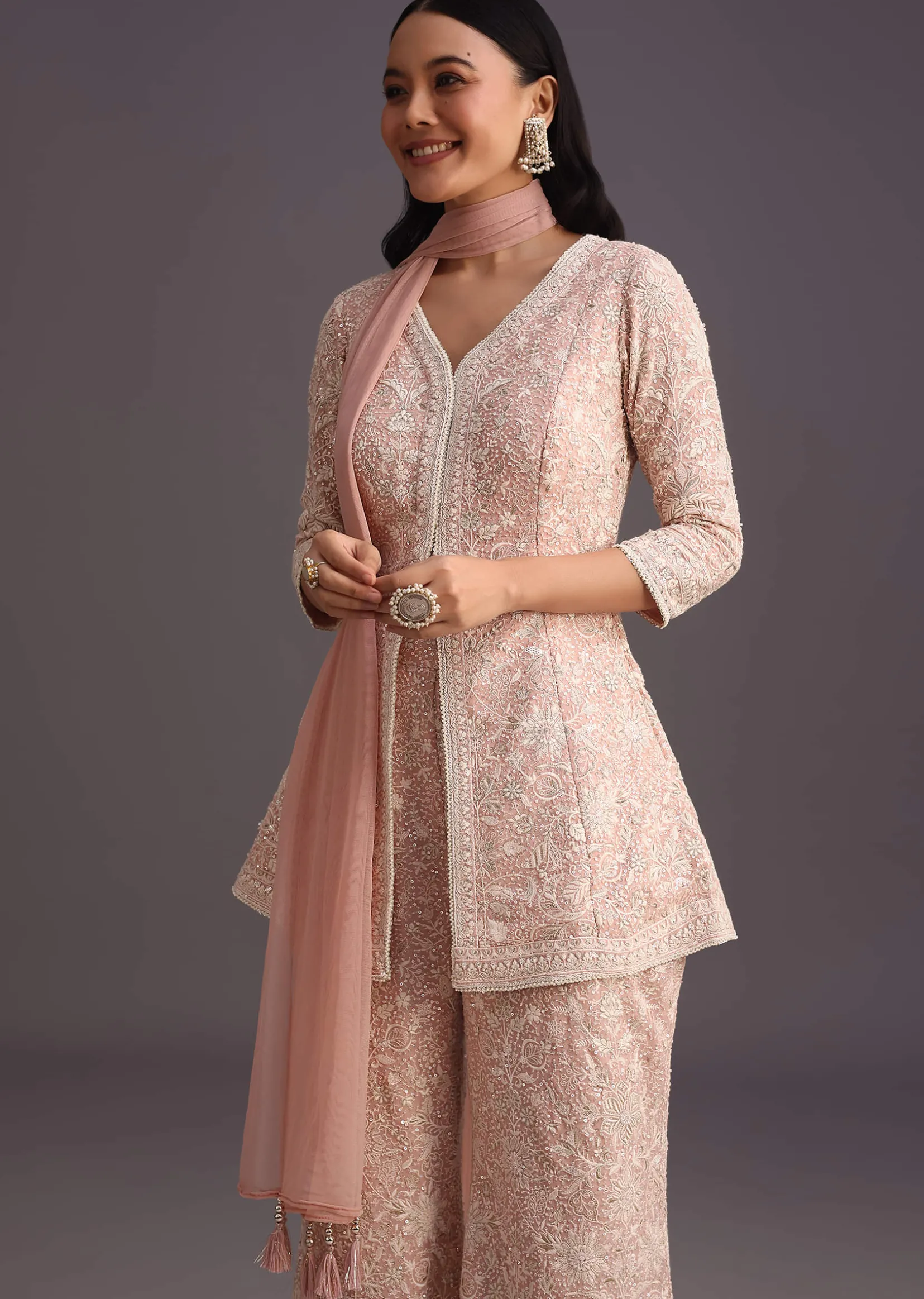 Pink Lucknowi Kurti Palazzo With Net Dupatta