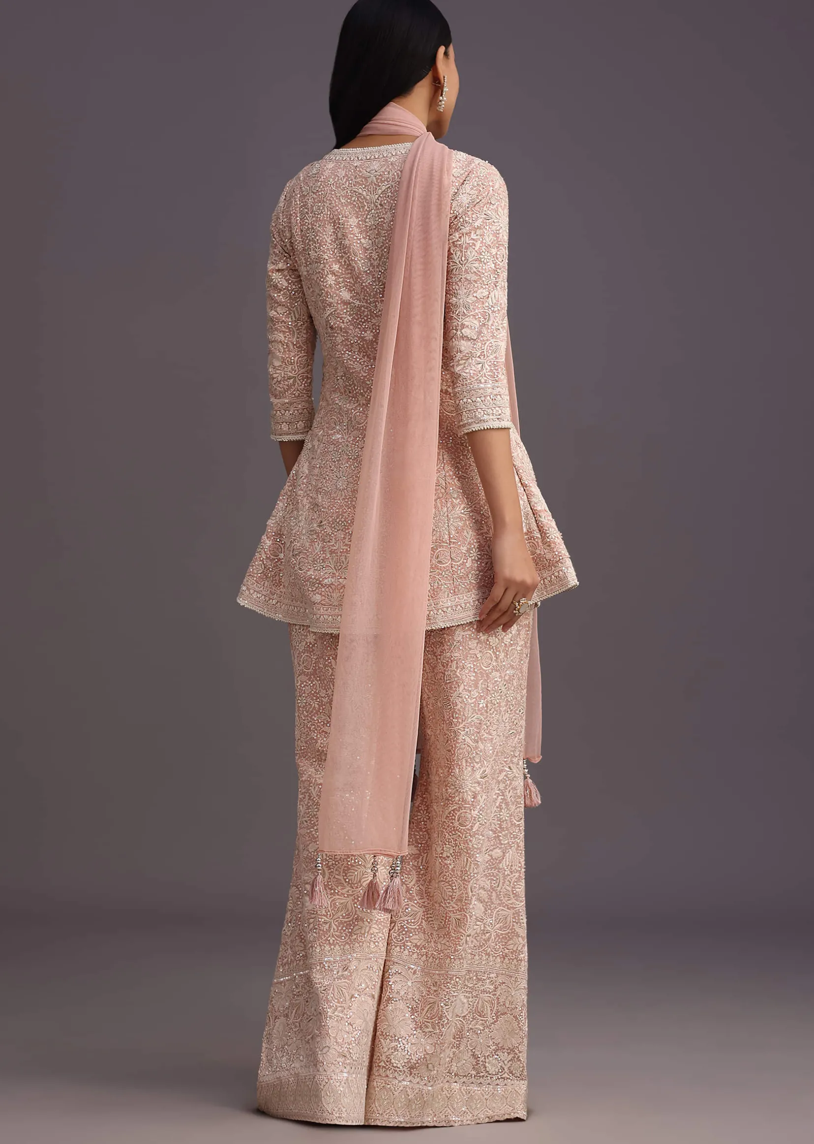 Pink Lucknowi Kurti Palazzo With Net Dupatta