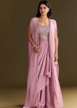 Pink Mirror Sequin Embroidered Croptop Skirt With Cape