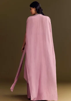 Pink Mirror Sequin Embroidered Croptop Skirt With Cape
