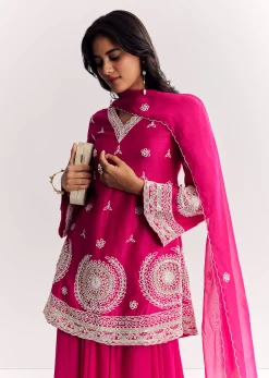 Pink Moti Work Short Kurta Palazzo Suit With Organza Dupatta