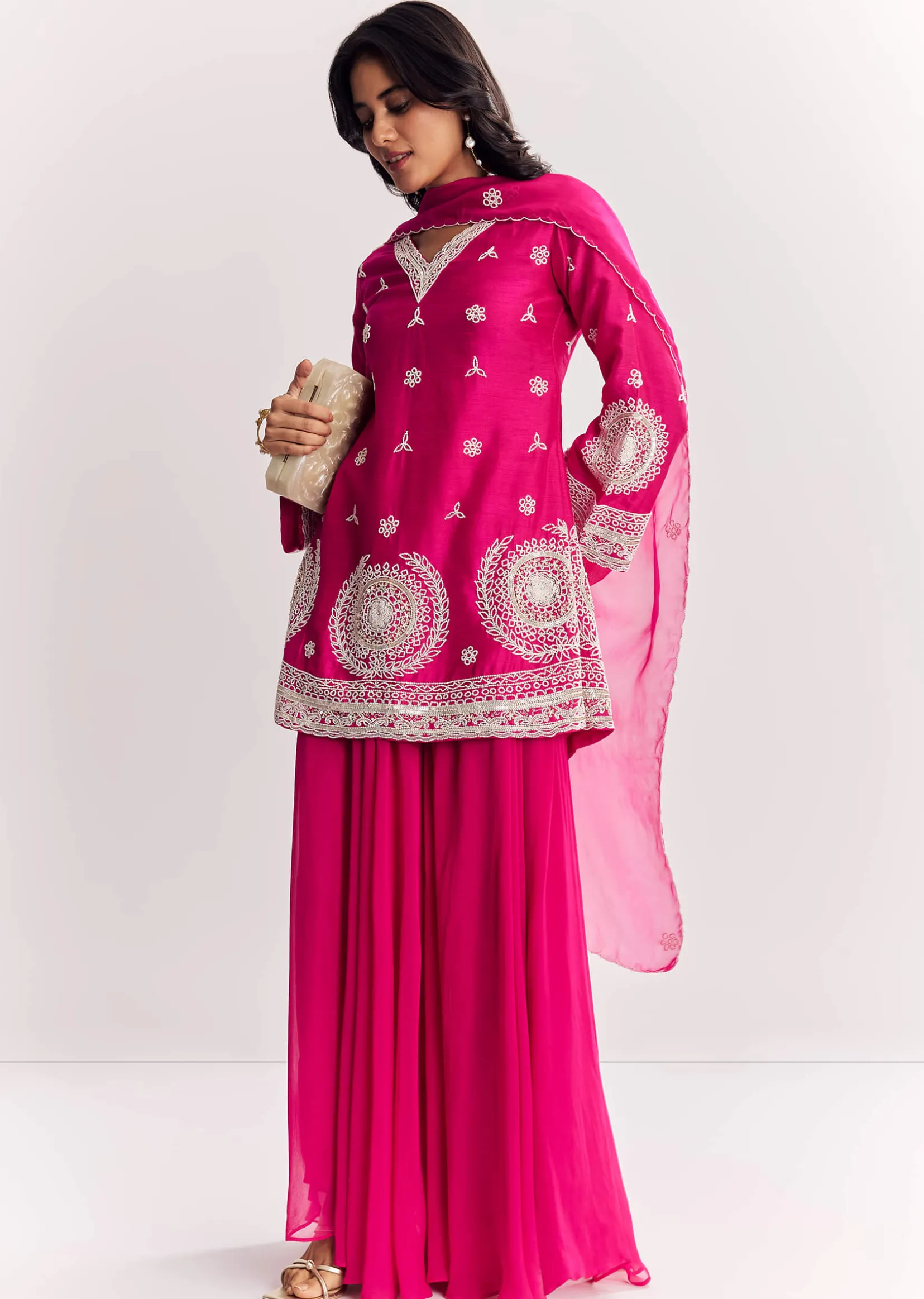 Pink Moti Work Short Kurta Palazzo Suit With Organza Dupatta
