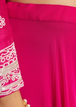 Pink Moti Work Short Kurta Palazzo Suit With Organza Dupatta