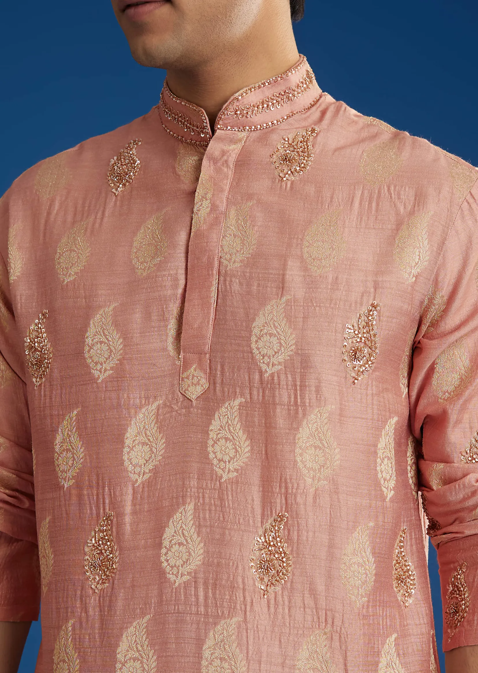 Pink Munga Silk Embroidered Butti Kurta Set