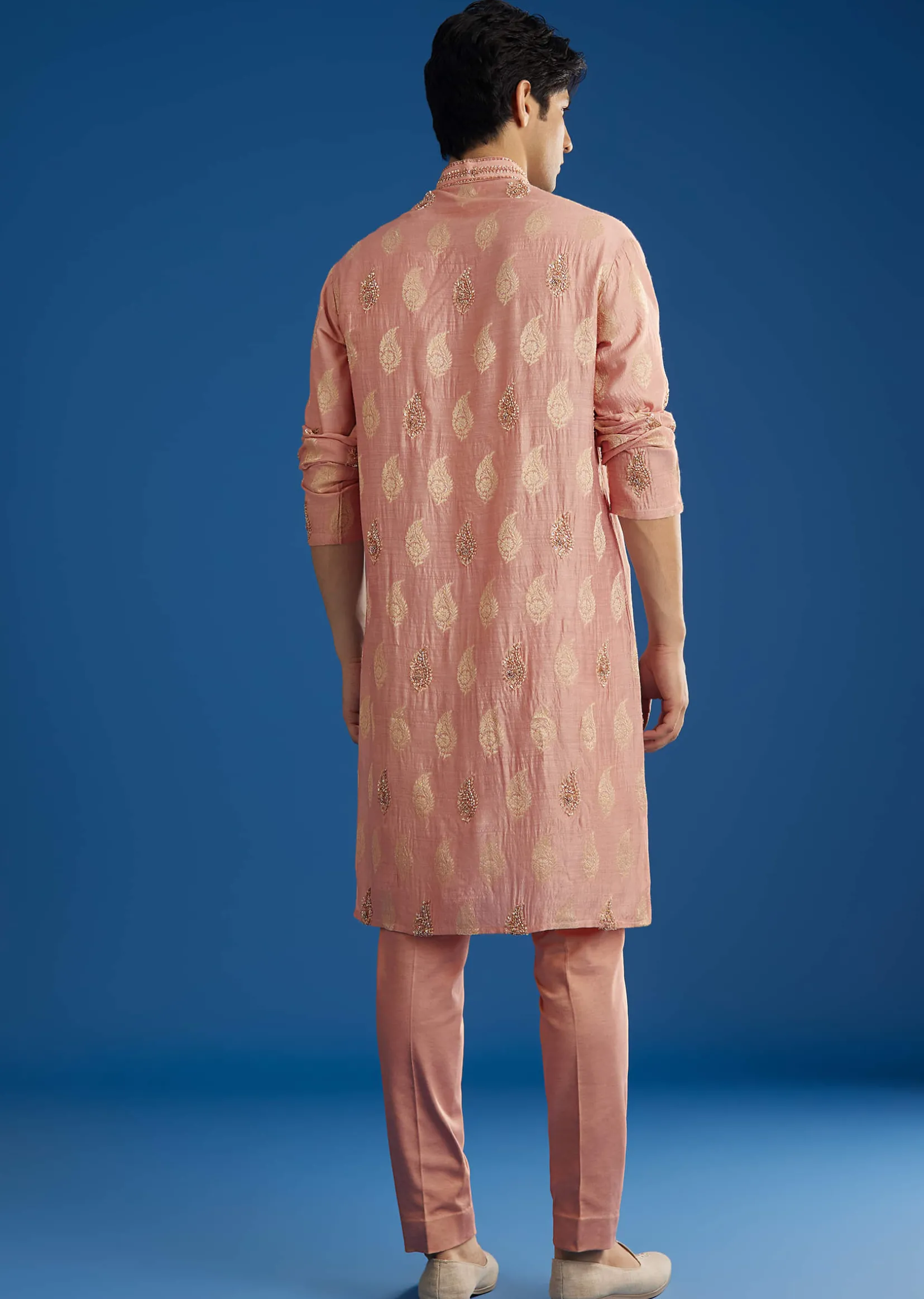 Pink Munga Silk Embroidered Butti Kurta Set