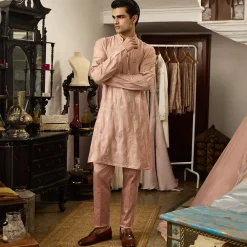 Pink Munga Silk Embroidered Butti Kurta Set