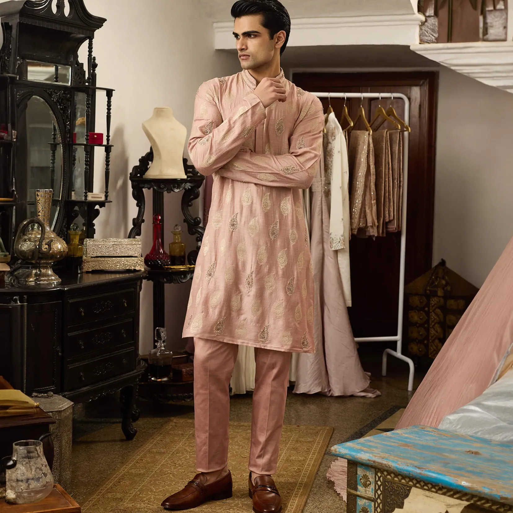 Pink Munga Silk Embroidered Butti Kurta Set