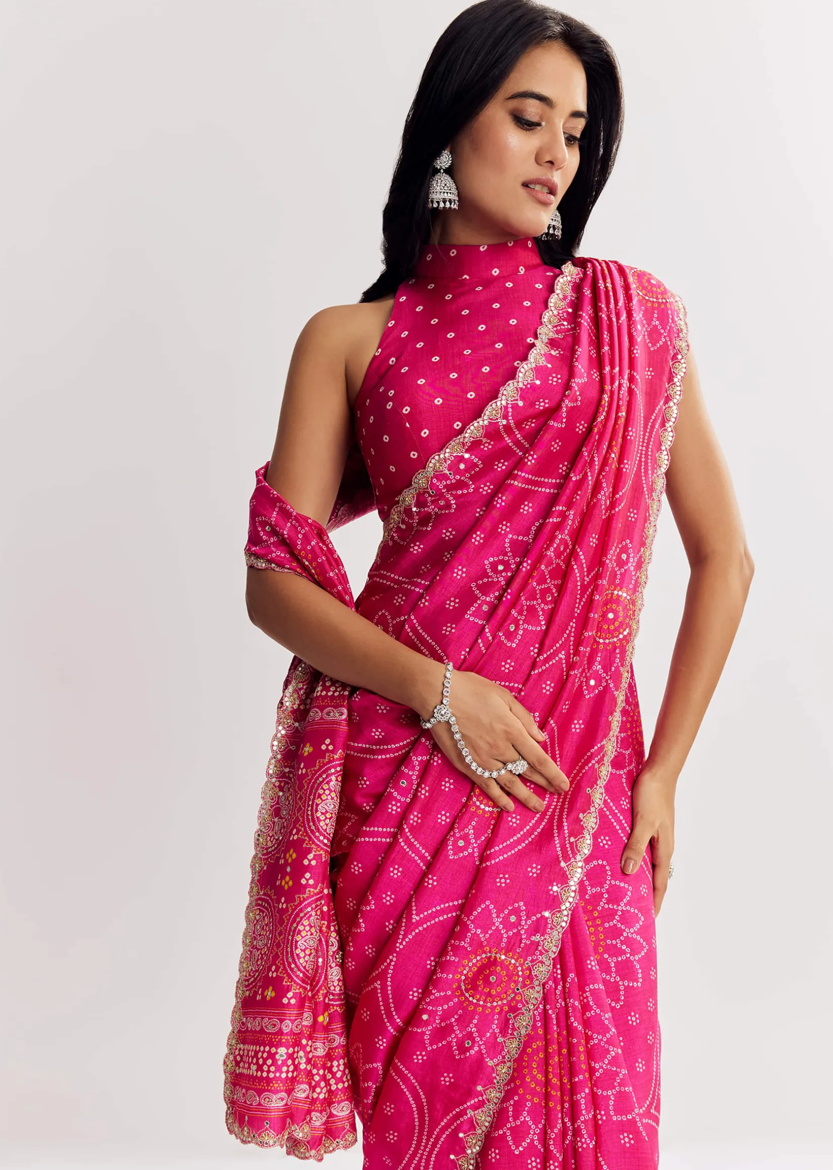 Pink Muslin Bandhani Printed Saree With Zari And Mirror Embroidery