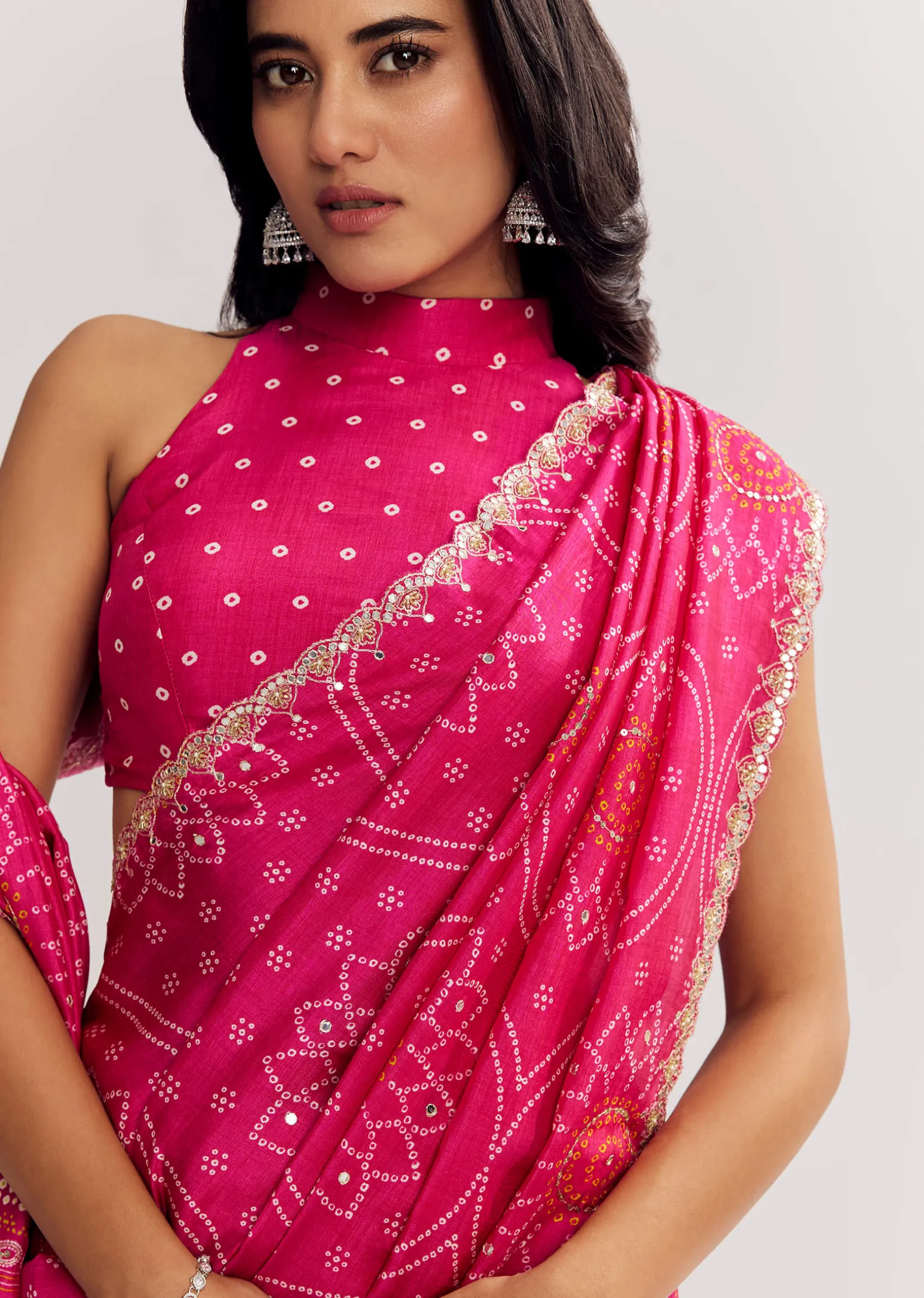 Pink Muslin Bandhani Printed Saree With Zari And Mirror Embroidery