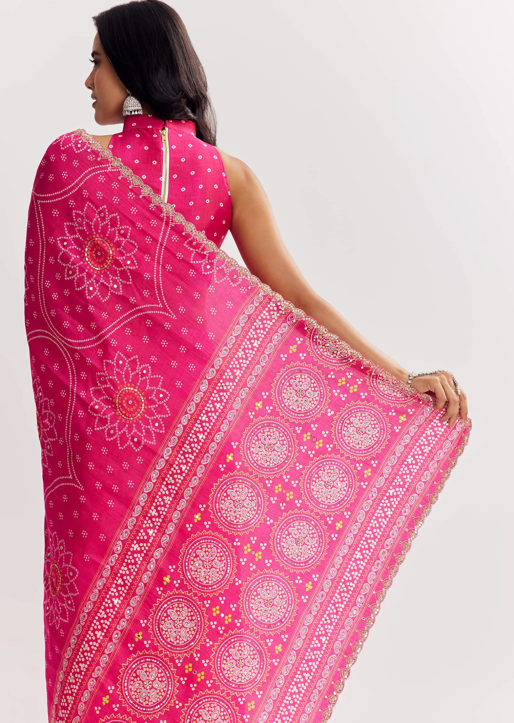 Pink Muslin Bandhani Printed Saree With Zari And Mirror Embroidery