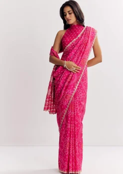 Pink Muslin Bandhani Printed Saree With Zari And Mirror Embroidery