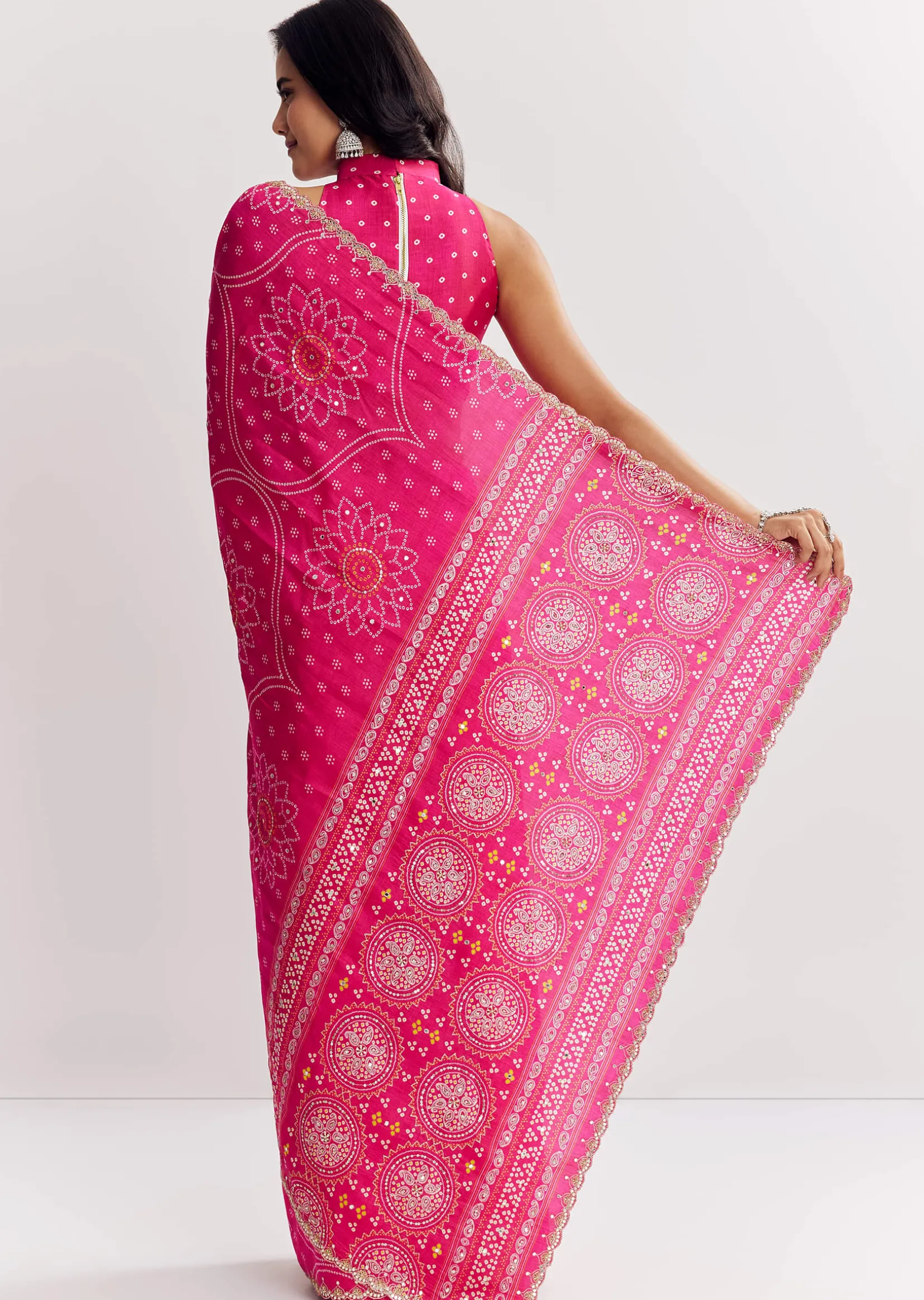 Pink Muslin Bandhani Printed Saree With Zari And Mirror Embroidery
