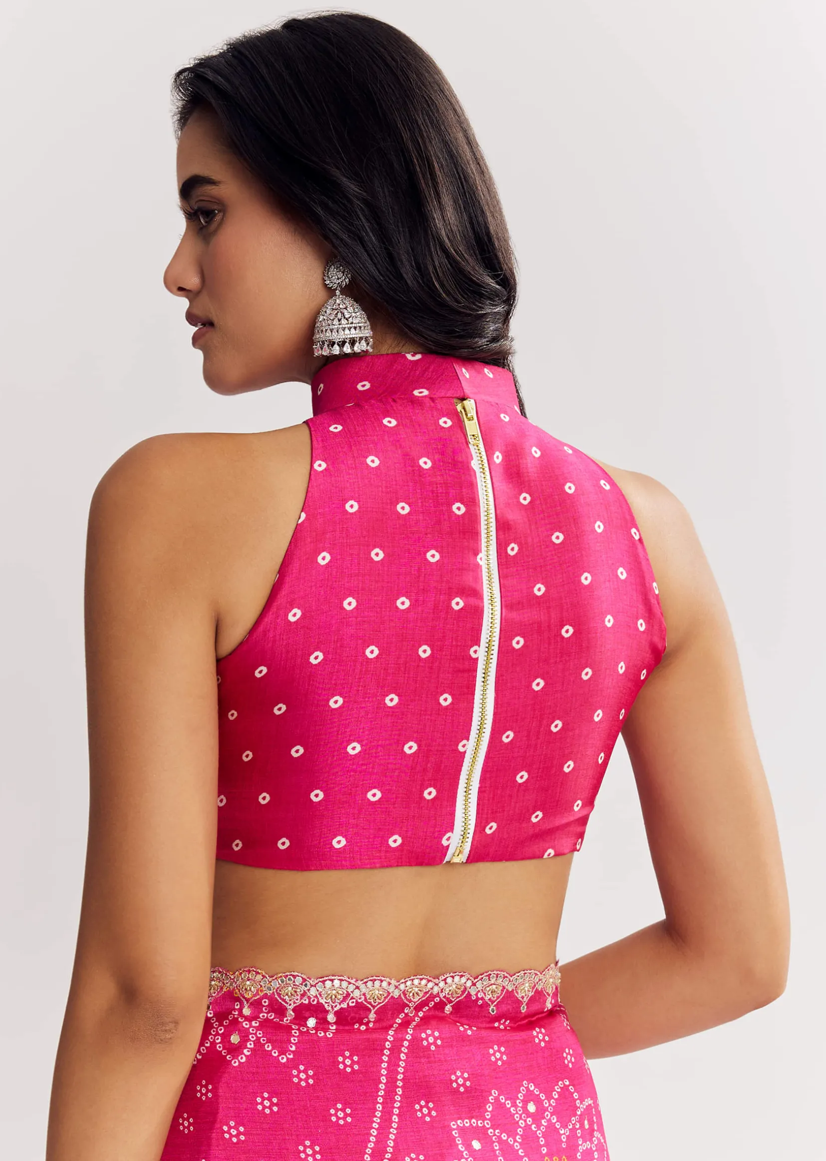Pink Muslin Bandhani Printed Saree With Zari And Mirror Embroidery